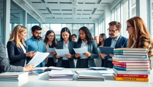 Engaged translators collaborating at https://www.elitetranslingo.com in a modern office setting.