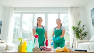 Cleaning Service team thoroughly cleaning a bright living room with professional equipment.