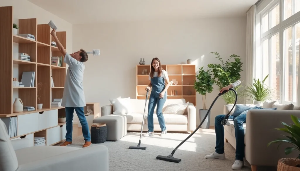Cleaning Service team professionally tidying a bright living room with sunlight streaming through windows.