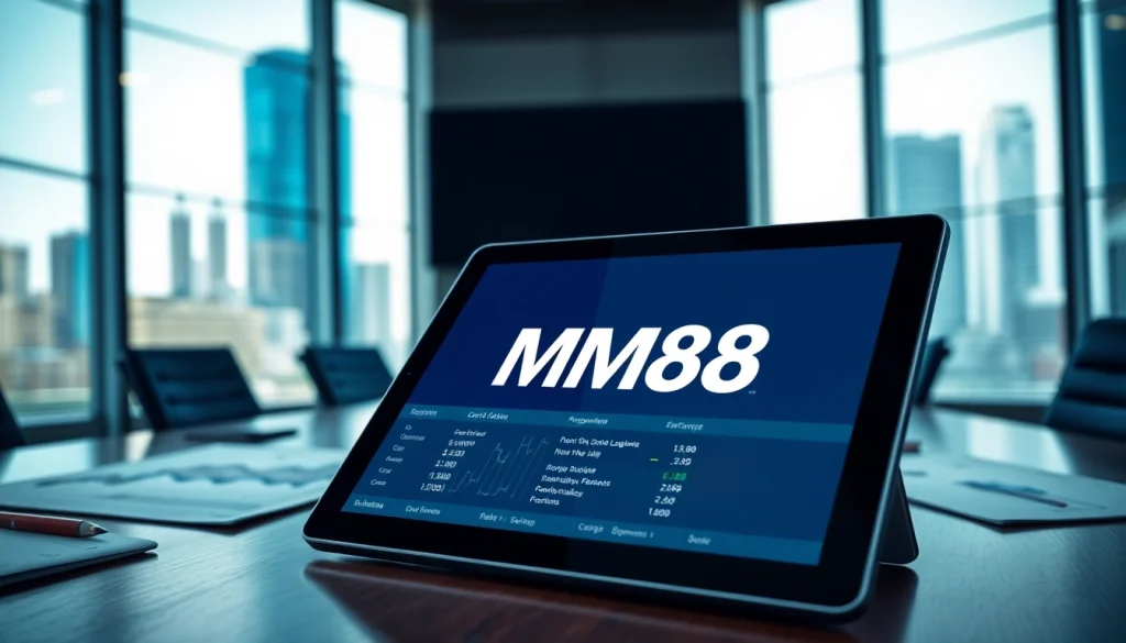Engaging visualization of MM88 sports betting with digital interface and city backdrop.