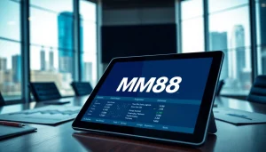 Engaging visualization of MM88 sports betting with digital interface and city backdrop.