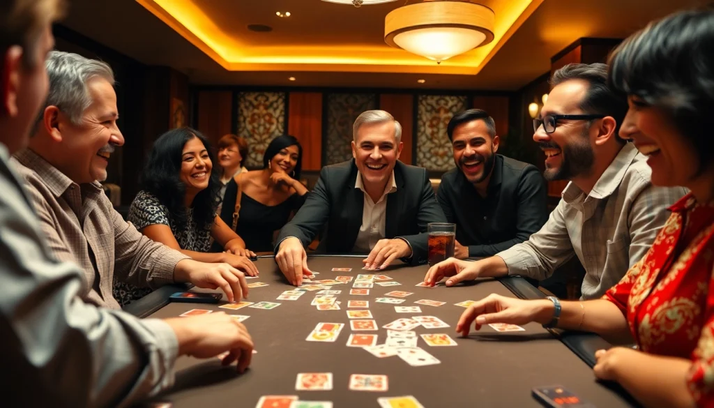 Enjoying a thrilling game of Ok rummy with friends at a stylish card table, showcasing vibrant cards and intense focus.