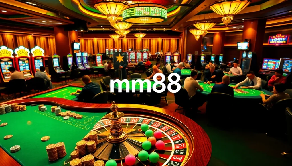 Experience the thrill of mm88 in a vibrant casino scene with players, tables, and neon lights.