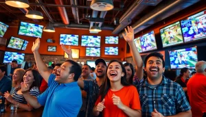 Engage in sports betting Texas with lively bettors celebrating in a sports bar atmosphere.