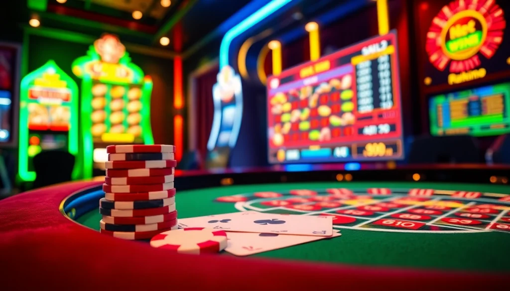 Experience the thrill of net win at a vibrant casino with roulette, poker chips, and slot machines.