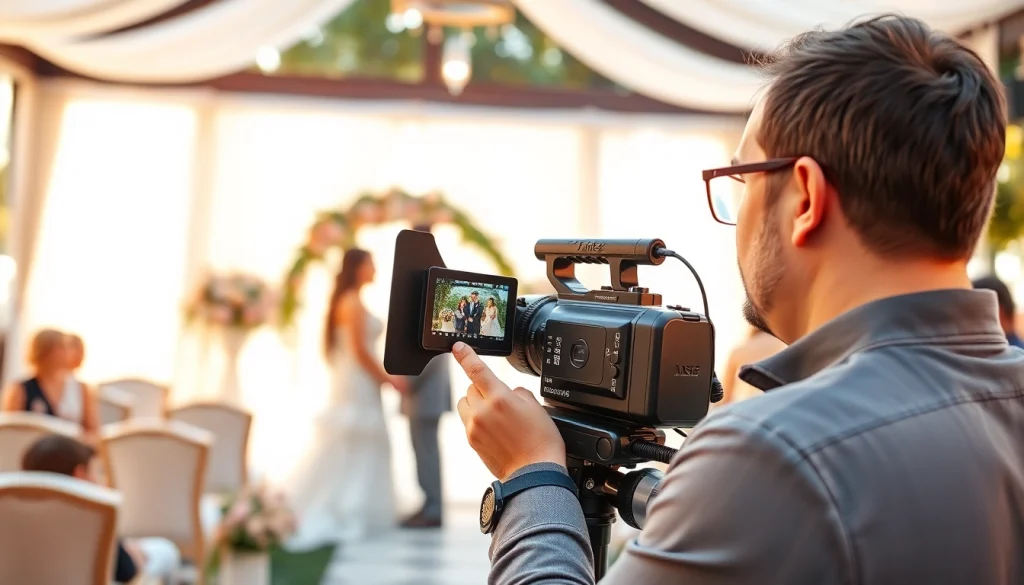 Videographer capturing a wedding ceremony with emotional details in a beautiful outdoor setting.