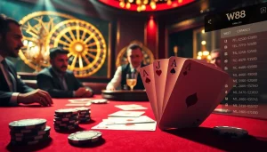 Experience luxury gaming at W88's online casino, featuring vibrant poker and roulette tables.