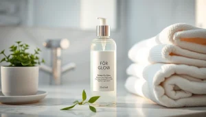 En uppfriskande toner för Glow placerad elegant på en badrumsskiva, omgiven av naturliga element för en återupplivande hudvårdsupplevelse.