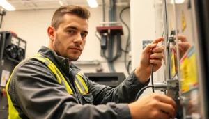 Engaged electrical apprentice working on wiring during Wyoming Electrical Apprenticeship training.