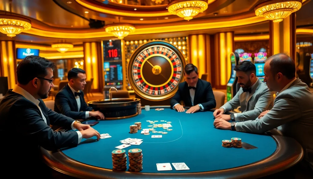 Engage in vibrant casino action on bl555 com with poker tables, roulette wheels, and colorful chips.