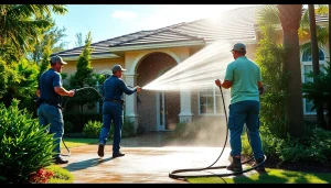 Pressure wash service revitalizing a residential home in Kissimmee, FL, showcasing expert cleaning in action.