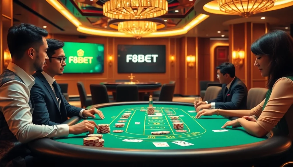 Engaged players enjoying poker at Nhà cái F8BET, with vibrant casino elements surrounding them.