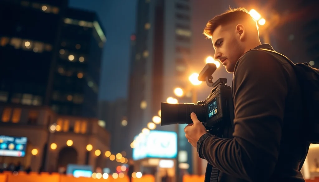 Videographer documenting a corporate event with a dynamic city backdrop and vibrant lighting.