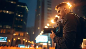 Videographer documenting a corporate event with a dynamic city backdrop and vibrant lighting.