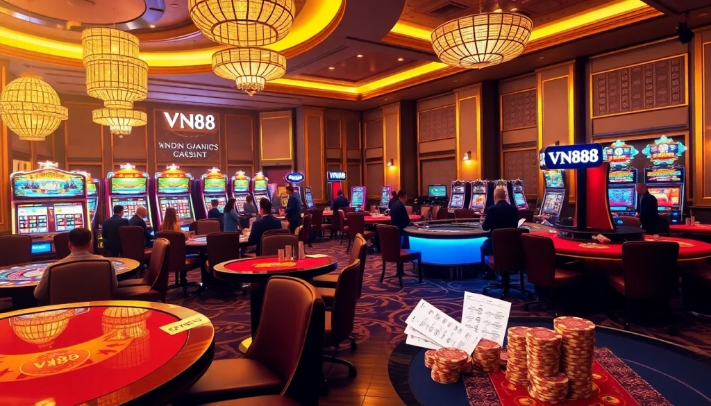 Players enjoying the thrilling gambling experience at VN88 casino with vibrant games and luxury decor.