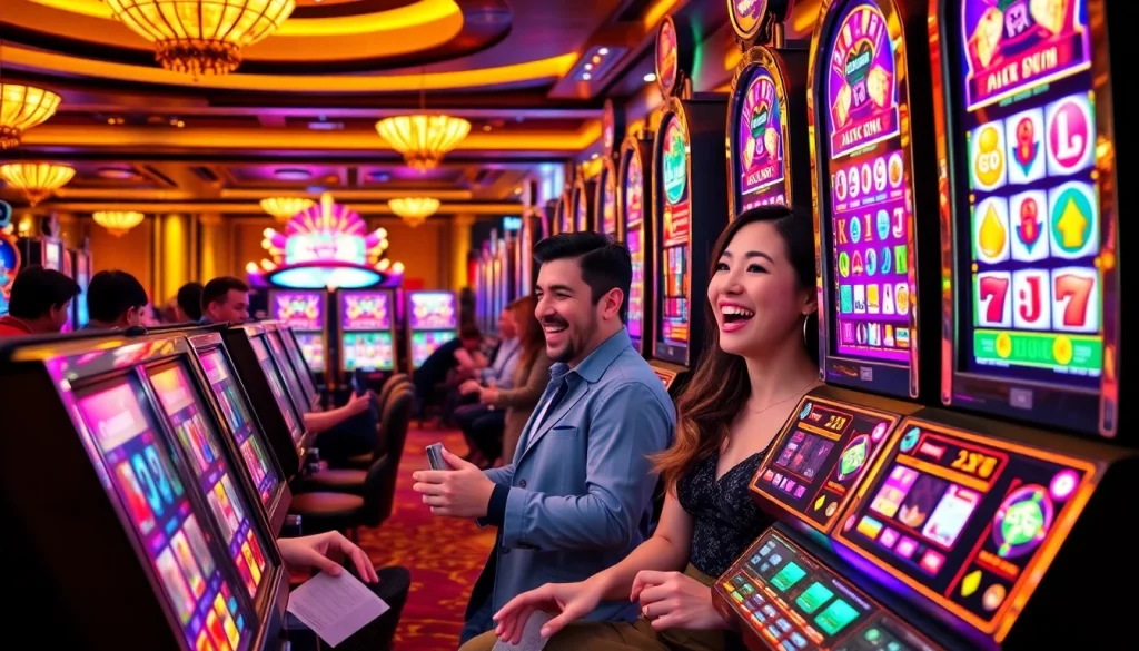 Players enjoying the thrill of 온라인슬롯 in a vibrant casino environment with colorful machines.