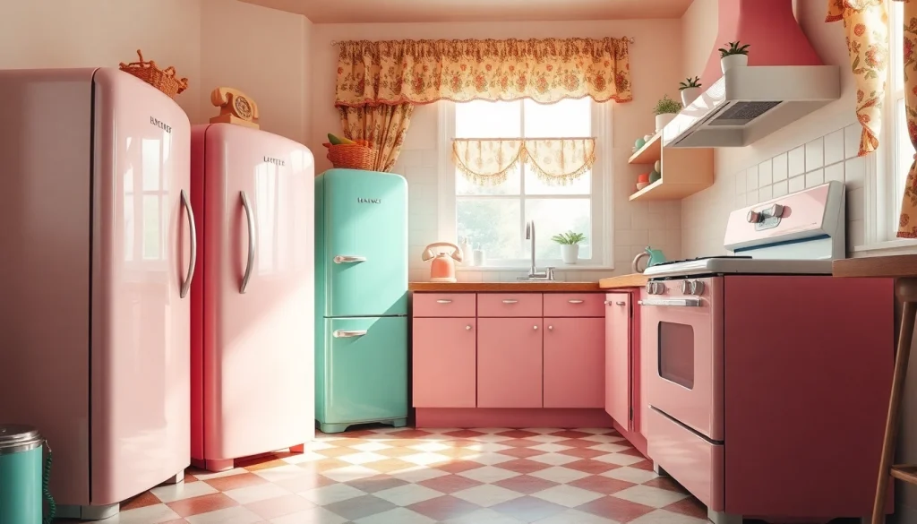 Attractively arranged retro appliances in a vibrant 1950s kitchen setting with pastel colors.