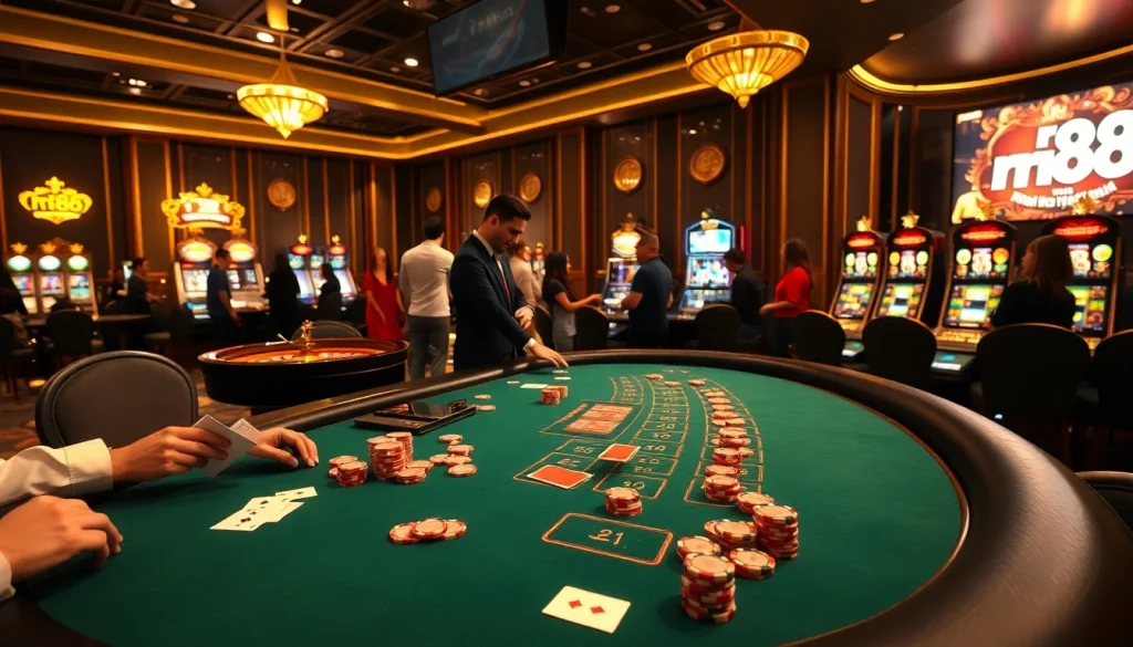 Experience the thrill of rr88 at a luxurious casino with vibrant blackjack tables and roulette wheels.