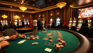 Experience the thrill of rr88 at a luxurious casino with vibrant blackjack tables and roulette wheels.