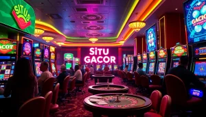 Situs Slot Gacor players enjoying vibrant slot games in a luxurious casino setting.