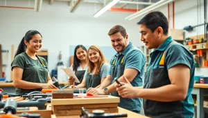 Students practicing skills at hawaii trade schools in a vibrant workshop setting.