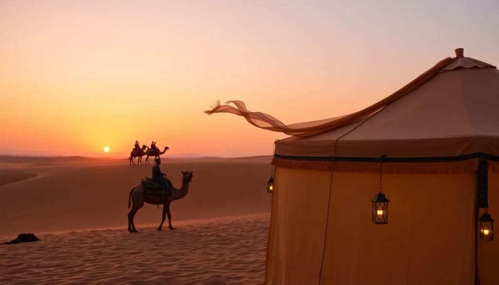 Agafay desert camel ride and dinner with a show at sunset with traditional Moroccan tents and beautiful dunes.