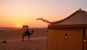 Agafay desert camel ride and dinner with a show at sunset with traditional Moroccan tents and beautiful dunes.