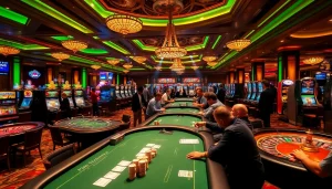 Experience thrilling gameplay at https://kkwin.co.com/ with vibrant casino visuals featuring poker tables and slot machines.