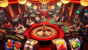 Birutoto players engaged at a roulette wheel in a vibrant casino setting, exuding excitement.
