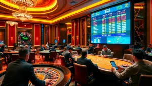 Experience real-time sports betting on 7m.cn as players engage at luxurious casino tables.