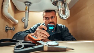 Technician performing leak detection near me in a residential plumbing setting.