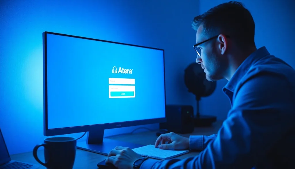 Atera login interface displayed on a computer screen in a professional workspace.