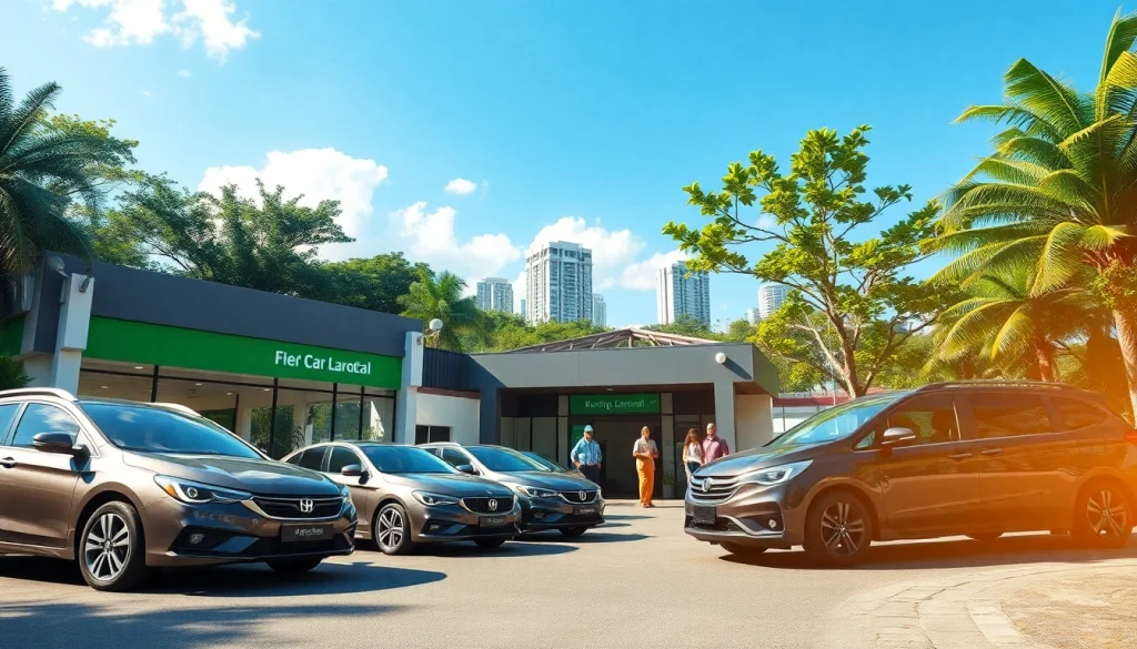 Car rental in Kuching Sarawak with various cars and a welcoming office scene.