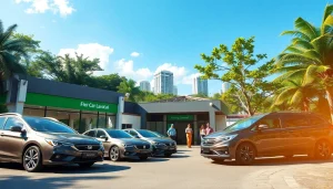 Car rental in Kuching Sarawak with various cars and a welcoming office scene.