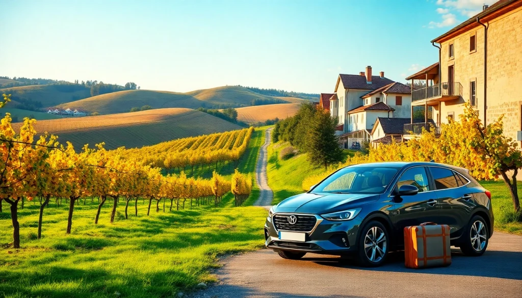 Rent a car Moldova parked in scenic vineyards, exploring beautiful landscapes
