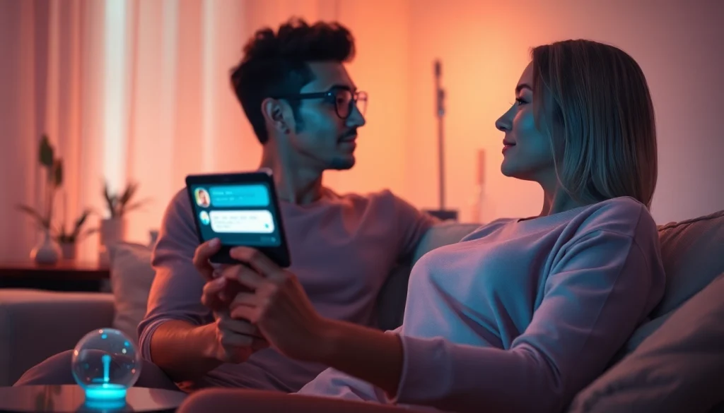 Engaging conversation on sex AI with futuristic chatbot in warm setting