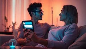 Engaging conversation on sex AI with futuristic chatbot in warm setting