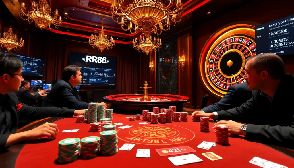 RR88 players engaging at a luxurious poker table with vibrant chips and cards, radiating excitement.