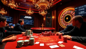 RR88 players engaging at a luxurious poker table with vibrant chips and cards, radiating excitement.