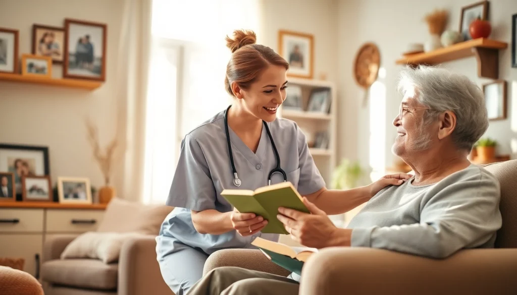 Senior enjoying austin senior home care with compassionate caregiver in a warm, inviting living room.