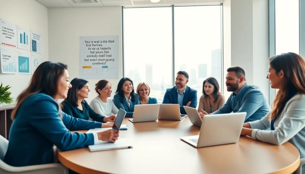 Engaging session for business coaching service with diverse professionals brainstorming in a modern office.