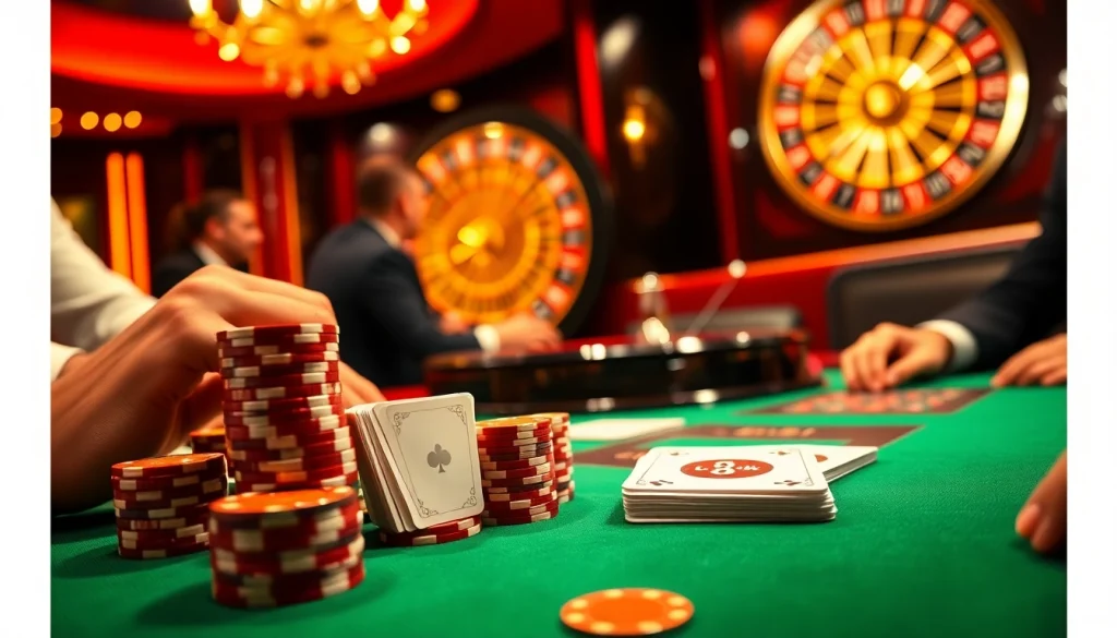 Exciting poker action at https://s88.works/ with vibrant chips and a roulette backdrop.