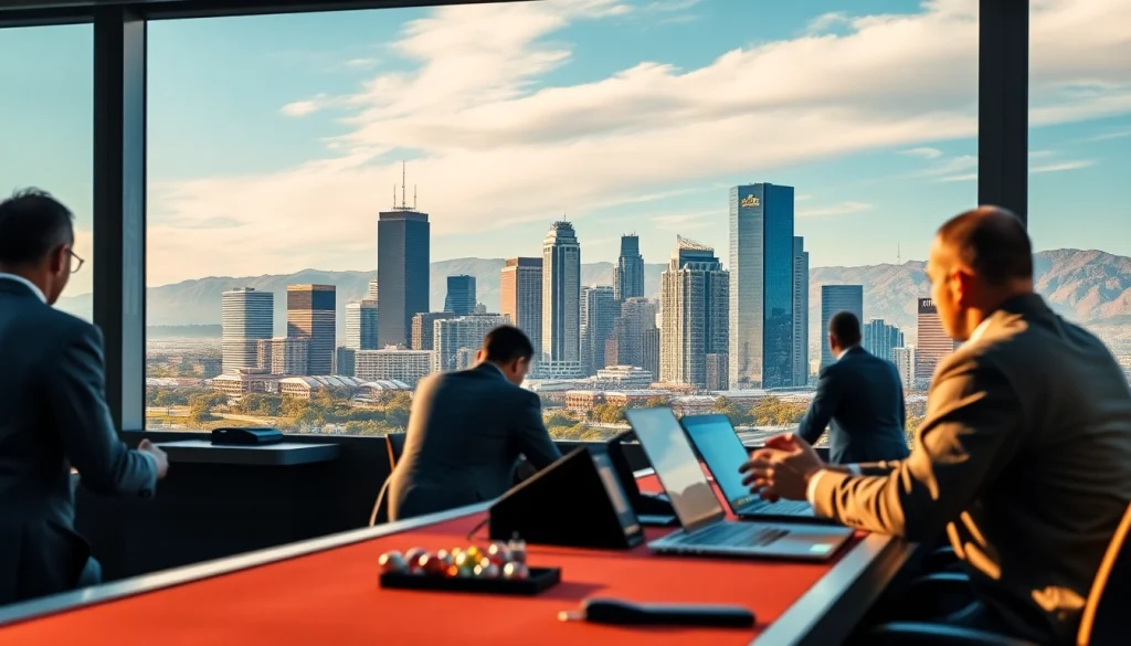 Bettors engaging in sports betting California with a lively skyline backdrop.