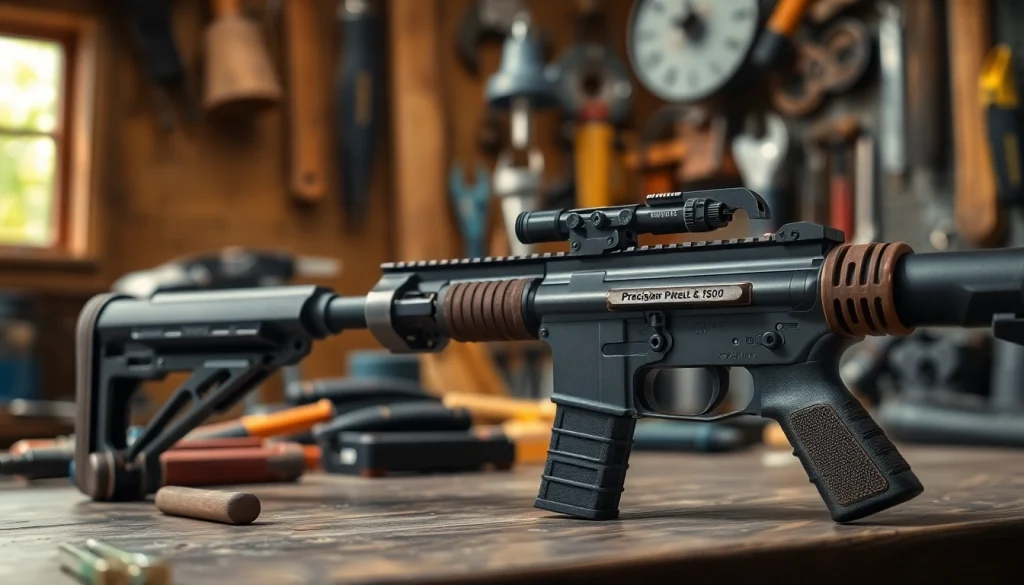 Showcase a detailed AR 15 trigger in a workshop setting emphasizing precision craftsmanship.