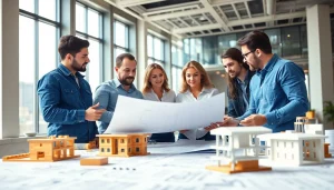 Builders collaborating on construction plans at the Texas association of builders for innovative projects.