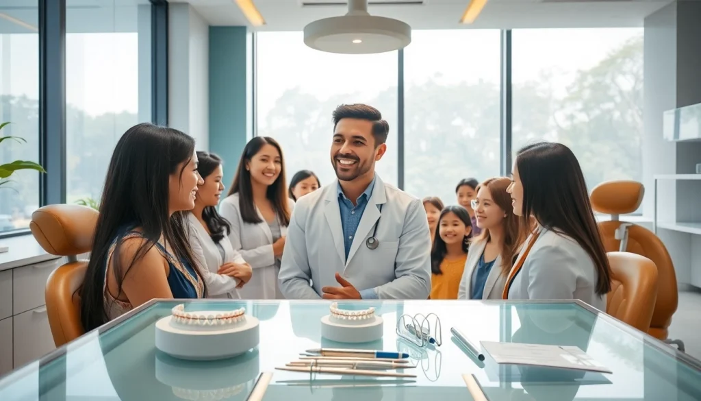 Top braces dentist in Kuala Lumpur consulting with diverse patients in a modern dental clinic.