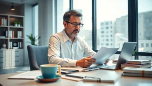 Traducteur portugais certifié en action dans un environnement de bureau professionnel, axé sur les traductions.