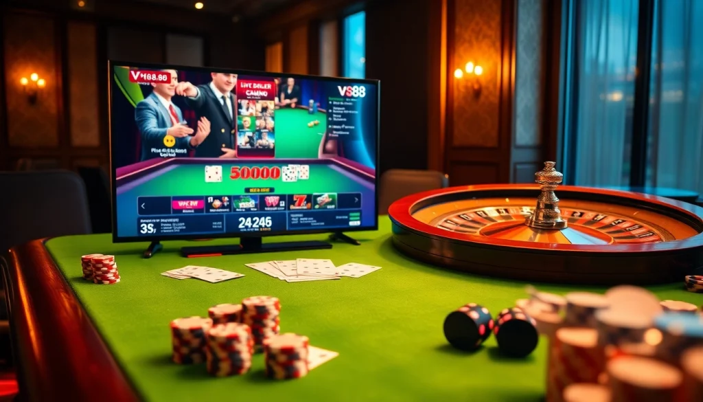 Experience the excitement of VN88 with a dynamic casino scene showcasing games and gambling action.