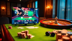 Experience the excitement of VN88 with a dynamic casino scene showcasing games and gambling action.