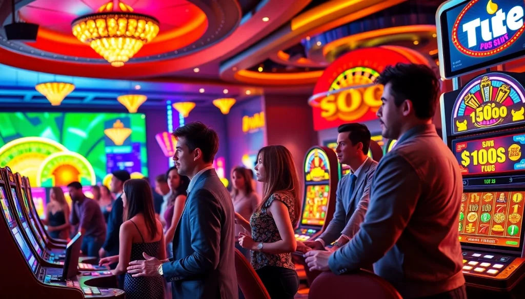 Engaged players celebrating wins at toto slot machines in a lively casino setting.